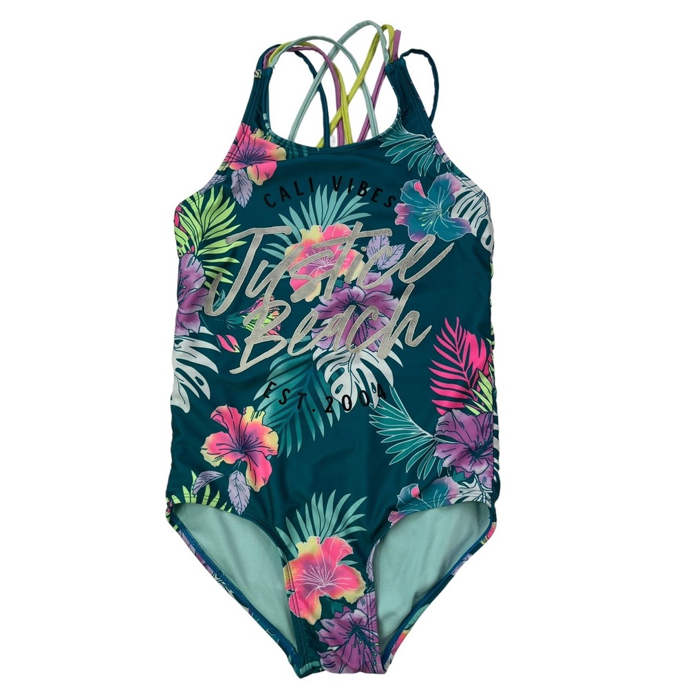 Justice Girls Large Floral "Cali Vibes Justice Beach" Strappy Back Swimsuit - Picture 5 of 16